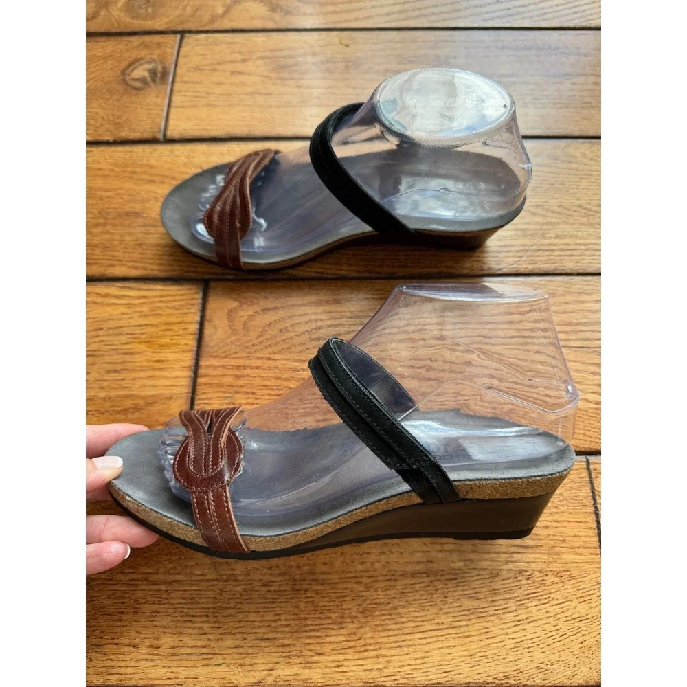 Naot Wedge Sandals Women 38 Brown Black Leather Comfort Cork Footbed Israel